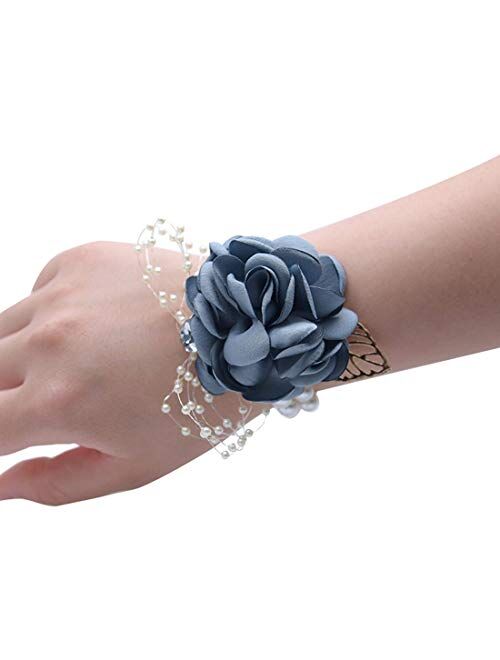 Veido Wrist Corsage Rose Flower Brooch for Wedding Party Prom Wristband Flower Set (Bluish Grey)