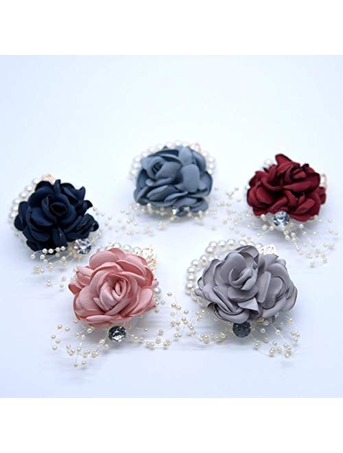 Veido Wrist Corsage Rose Flower Brooch for Wedding Party Prom Wristband Flower Set (Bluish Grey)