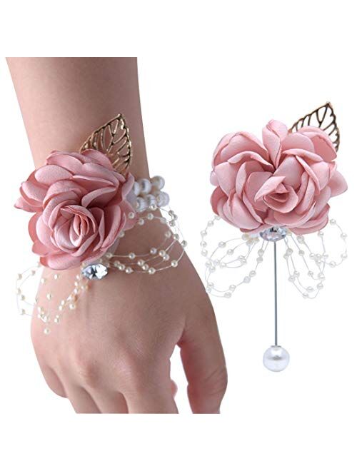 Veido Wrist Corsage Rose Flower Brooch for Wedding Party Prom Wristband Flower Set (Bluish Grey)