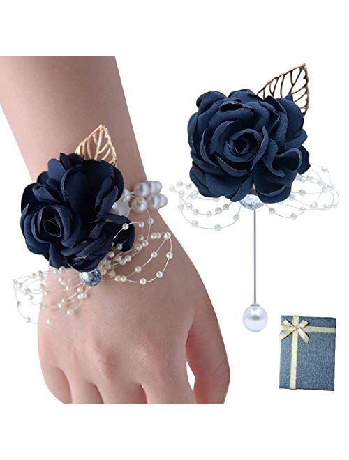 Veido Wrist Corsage Rose Flower Brooch for Wedding Party Prom Wristband Flower Set (Bluish Grey)