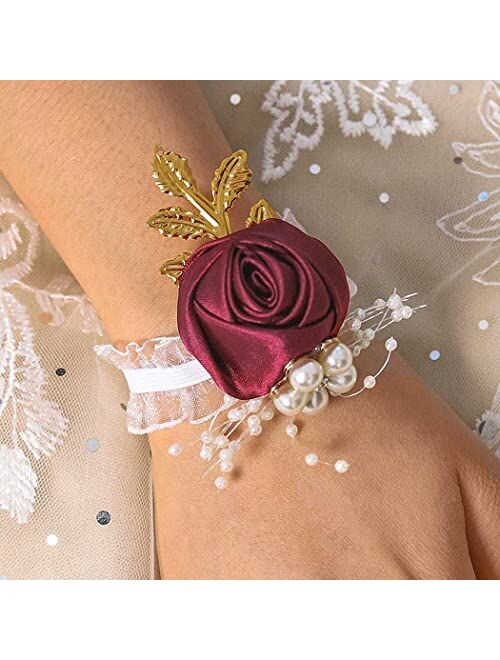 Formery Bridesmaid Wrist Flowers Red Rose Wrist Corsage Stretch Silk Hand Flower Corsage Set with Pearl Metal Leaf Bride Bridal Girls Accessories for Wedding and Prom(4pc