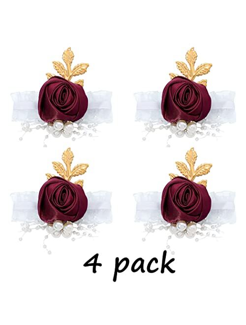 Formery Bridesmaid Wrist Flowers Red Rose Wrist Corsage Stretch Silk Hand Flower Corsage Set with Pearl Metal Leaf Bride Bridal Girls Accessories for Wedding and Prom(4pc