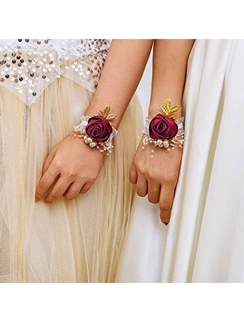 Formery Bridesmaid Wrist Flowers Red Rose Wrist Corsage Stretch Silk Hand Flower Corsage Set with Pearl Metal Leaf Bride Bridal Girls Accessories for Wedding and Prom(4pc