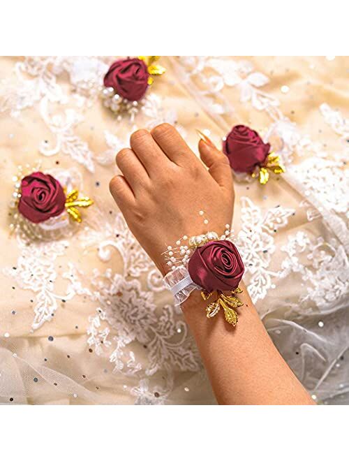 Formery Bridesmaid Wrist Flowers Red Rose Wrist Corsage Stretch Silk Hand Flower Corsage Set with Pearl Metal Leaf Bride Bridal Girls Accessories for Wedding and Prom(4pc