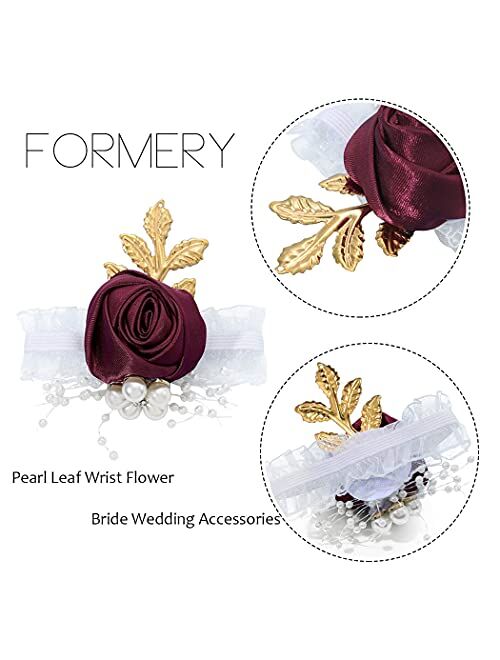 Formery Bridesmaid Wrist Flowers Red Rose Wrist Corsage Stretch Silk Hand Flower Corsage Set with Pearl Metal Leaf Bride Bridal Girls Accessories for Wedding and Prom(4pc