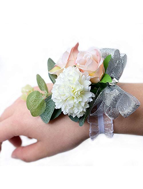 Buery Wrist Corsage, Pack of 2 Wedding Bridal Wrist Flower Corsage Hand Flower Decor for Prom Party Wedding Homecoming (Blue)