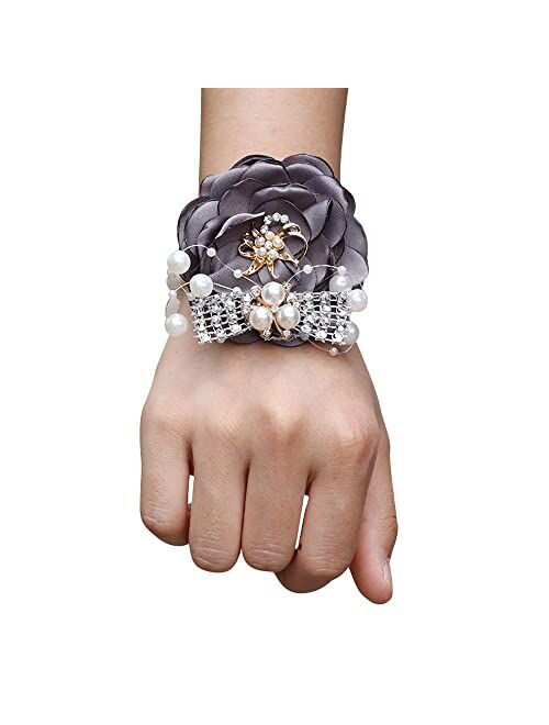 Buery Wrist Corsage, Pack of 2 Wedding Bridal Wrist Flower Corsage Hand Flower Decor for Prom Party Wedding Homecoming (Blue)