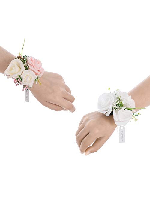 Ling's moment Blush & White, Set of 6, Artificial Flowers Bridesmaid Wrist Corsage Bracelet, for French Rustic Vintage Wedding, Bridal Shower Party, Wedding Ceremony Anni