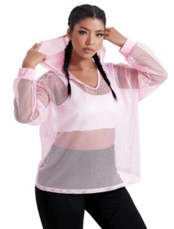 Women's Plus Size Fishnet Mesh See Through Long Sleeve Shirts Workout Tops Hoodies