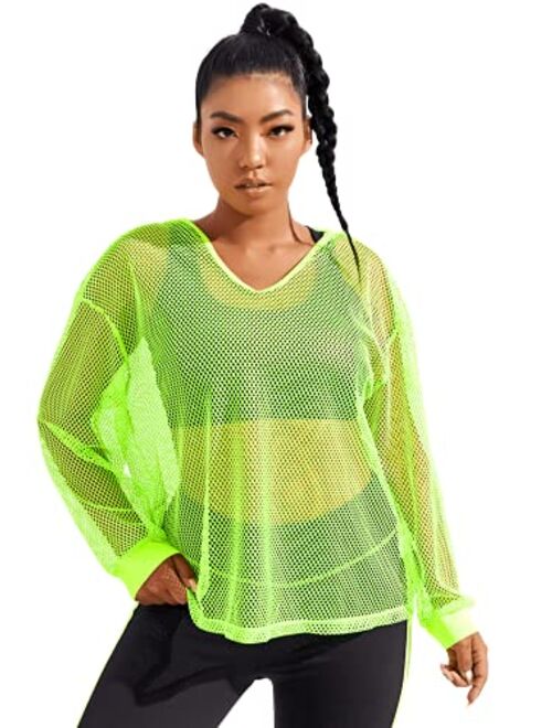 ROMWE Women's Plus Size Fishnet Mesh See Through Long Sleeve Shirts Workout Tops Hoodies