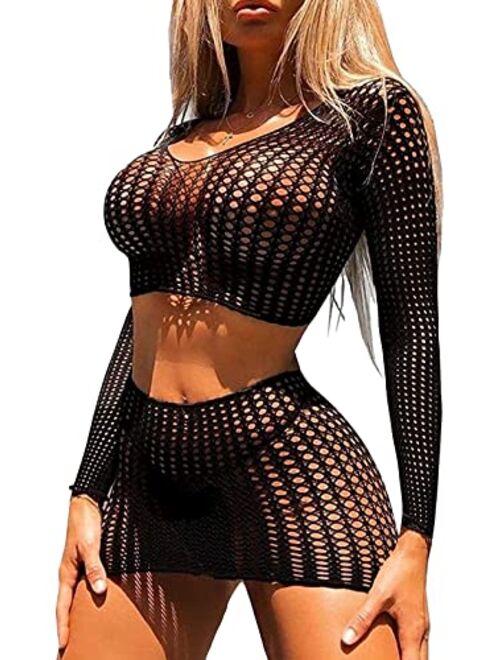 FasiCat Women's Mesh Lingerie Fishnet Babydoll Mini Dress Free Size Bodysuit See Through Shirts Long Sleeve