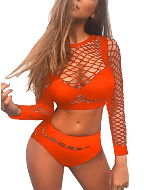 FasiCat Women's Mesh Lingerie Fishnet Babydoll Mini Dress Free Size Bodysuit See Through Shirts Long Sleeve