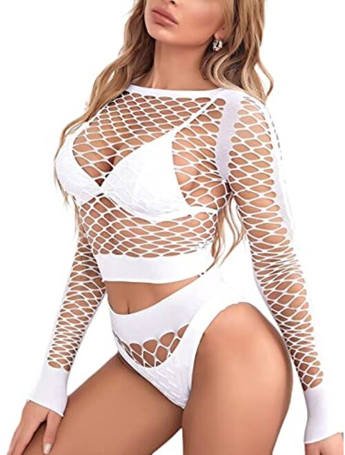 FasiCat Women's Mesh Lingerie Fishnet Babydoll Mini Dress Free Size Bodysuit See Through Shirts Long Sleeve