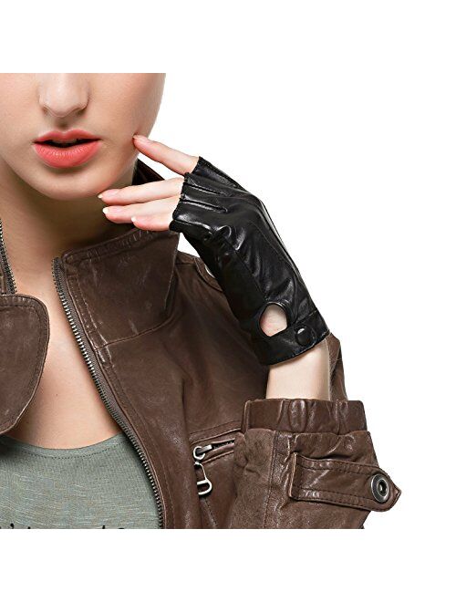 Nappaglo Women Driving Nappa Leather Gloves Half Finger Fingerless Lined Gloves for Nappaglo