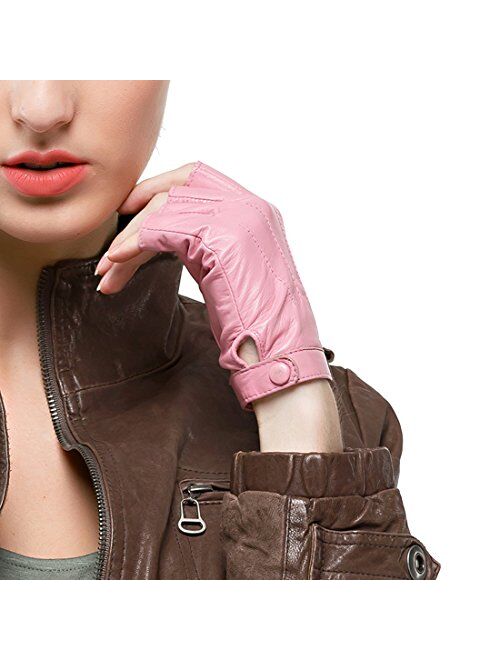 Nappaglo Women Driving Nappa Leather Gloves Half Finger Fingerless Lined Gloves for Nappaglo