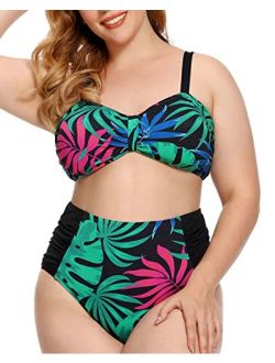 Plus Size Swimsuit for Women, Tummy Control Swimdress Two-Piece Swimwear  with Flared Skirt Bikini Bathing Suits 