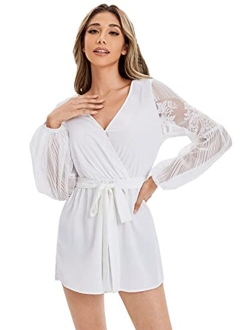 Women's V-Neck Bishop Long Sleeve Jumpsuit Lace Trim Belted Wrap Romper