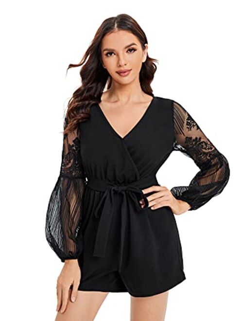 SheIn Women's V-Neck Bishop Long Sleeve Jumpsuit Lace Trim Belted Wrap Romper