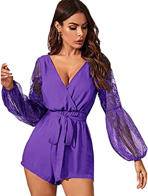 SheIn Women's V-Neck Bishop Long Sleeve Jumpsuit Lace Trim Belted Wrap Romper