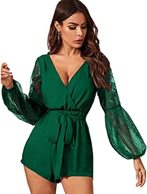 SheIn Women's V-Neck Bishop Long Sleeve Jumpsuit Lace Trim Belted Wrap Romper