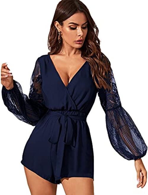 SheIn Women's V-Neck Bishop Long Sleeve Jumpsuit Lace Trim Belted Wrap Romper