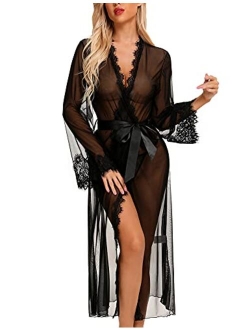 RSLOVE Lingerie for Women Sexy Long Lace Kimono Robe Mesh Chemise Lace Gown Swimsuit Cover Up