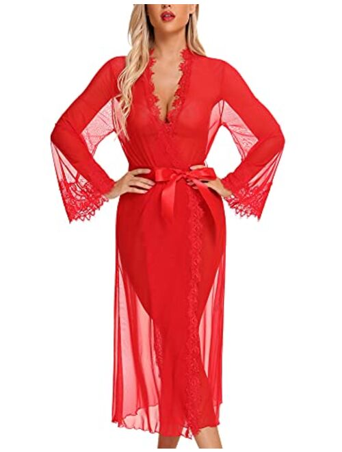 RSLOVE Lingerie for Women Sexy Long Lace Kimono Robe Mesh Chemise Lace Gown Swimsuit Cover Up