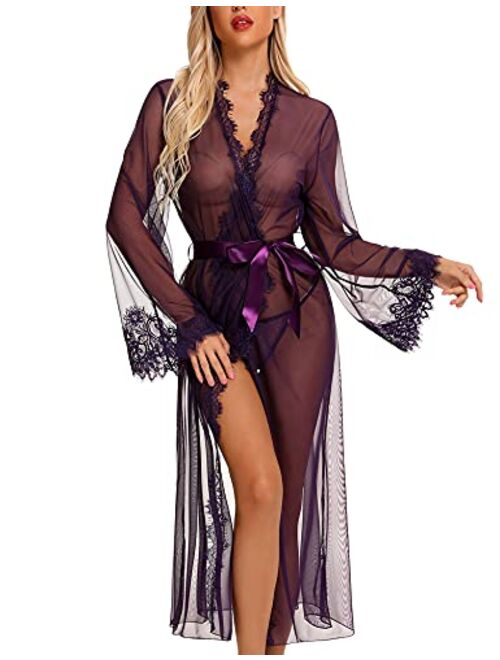 RSLOVE Lingerie for Women Sexy Long Lace Kimono Robe Mesh Chemise Lace Gown Swimsuit Cover Up