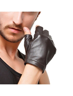 Men's Classic Fingerless Gloves Imported Lambskin Leather Silk Lining Half Finger Driving Cycling Outdoor Gloves