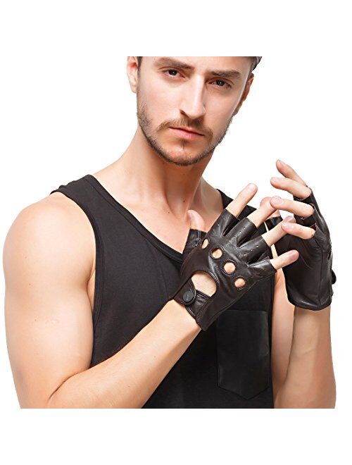 Nappaglo Men's Leather Driving Gloves Italian Lambskin Half Finger Fingerless Unlined Gloves for Motorcycle Cycling Riding