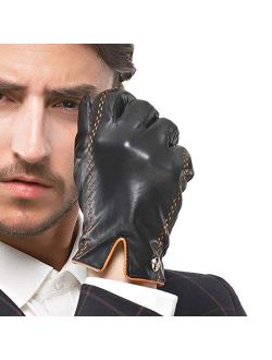 Men's Italian Nappa Leather Gloves Touchscreen Lambskin Warm Gloves with Lines of Hit Color