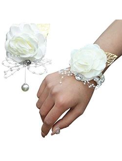 XAN Bridesmaid Wrist Flower Corsage Bride Silk Wrist Flower, with Artificial Pearl Bead Elastic Bracelet Wristband Gold Leaf, Used for Wedding Ball Hand Flower Decoration