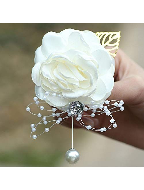 XAN Bridesmaid Wrist Flower Corsage Bride Silk Wrist Flower, with Artificial Pearl Bead Elastic Bracelet Wristband Gold Leaf, Used for Wedding Ball Hand Flower Decoration