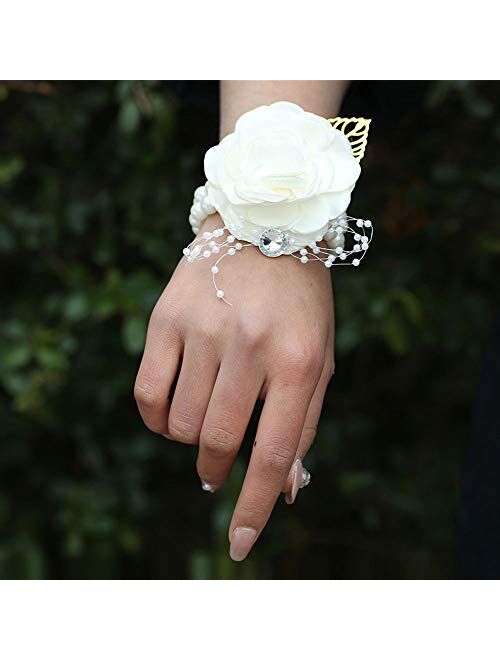 XAN Bridesmaid Wrist Flower Corsage Bride Silk Wrist Flower, with Artificial Pearl Bead Elastic Bracelet Wristband Gold Leaf, Used for Wedding Ball Hand Flower Decoration