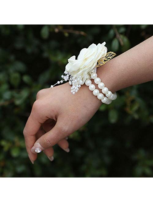 XAN Bridesmaid Wrist Flower Corsage Bride Silk Wrist Flower, with Artificial Pearl Bead Elastic Bracelet Wristband Gold Leaf, Used for Wedding Ball Hand Flower Decoration