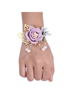 Desuness Girl Bridesmaid Wrist Corsage Bridal Silk Wrist Flower with Faux Pearl Bead Stretch Bracelet Wristband Gold Leaf for Wedding Prom Hand Flowers Decor (Dark Blue)