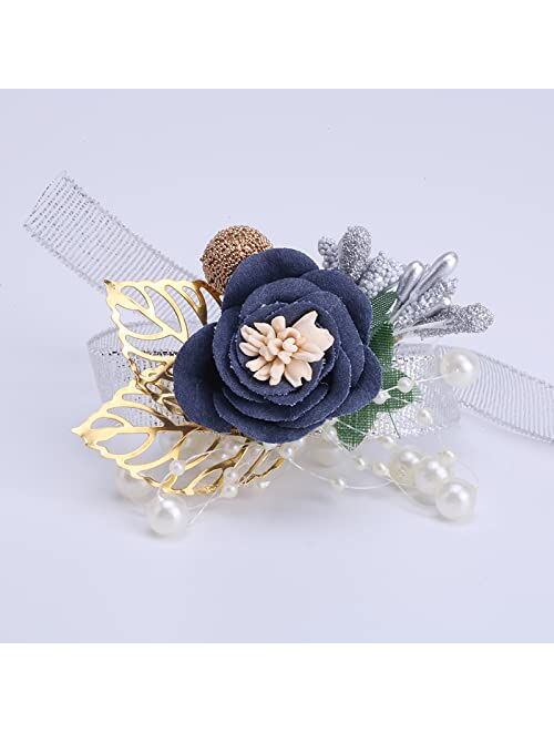 Desuness Girl Bridesmaid Wrist Corsage Bridal Silk Wrist Flower with Faux Pearl Bead Stretch Bracelet Wristband Gold Leaf for Wedding Prom Hand Flowers Decor (Dark Blue)