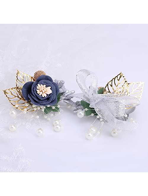 Desuness Girl Bridesmaid Wrist Corsage Bridal Silk Wrist Flower with Faux Pearl Bead Stretch Bracelet Wristband Gold Leaf for Wedding Prom Hand Flowers Decor (Dark Blue)