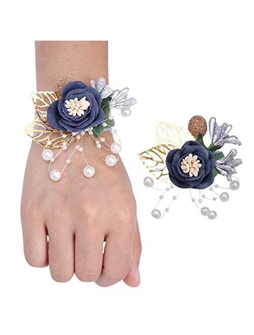 Desuness Girl Bridesmaid Wrist Corsage Bridal Silk Wrist Flower with Faux Pearl Bead Stretch Bracelet Wristband Gold Leaf for Wedding Prom Hand Flowers Decor (Dark Blue)