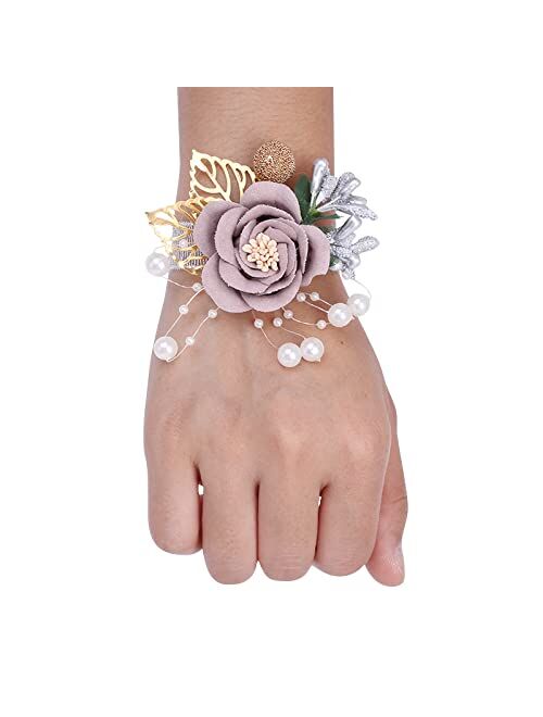 Desuness Girl Bridesmaid Wrist Corsage Bridal Silk Wrist Flower with Faux Pearl Bead Stretch Bracelet Wristband Gold Leaf for Wedding Prom Hand Flowers Decor (Dark Blue)