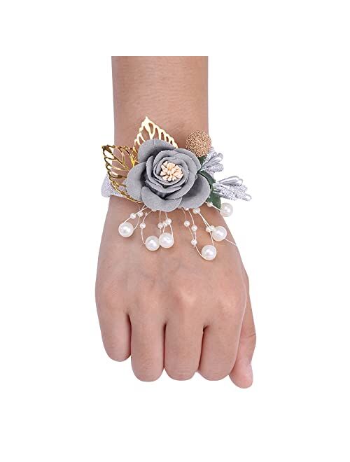 Desuness Girl Bridesmaid Wrist Corsage Bridal Silk Wrist Flower with Faux Pearl Bead Stretch Bracelet Wristband Gold Leaf for Wedding Prom Hand Flowers Decor (Dark Blue)