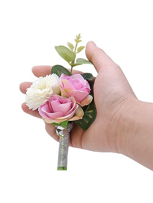 LoengMax 2 Pack Wedding Wrist Corsage Boutonniere Set, Men Groomsmen Corsages Bride Wristband for Groom Wedding Party Prom (Pink)