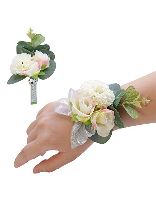 LoengMax 2 Pack Wedding Wrist Corsage Boutonniere Set, Men Groomsmen Corsages Bride Wristband for Groom Wedding Party Prom (Pink)