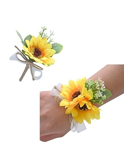 Artflws 2PCS Artificial Sunflower Wrist Corsage and Boutonniere Set Groom and Men Boutonniere for Wedding Flowers Accessories Party Prom Suit Decorations (1 Boutonniere &