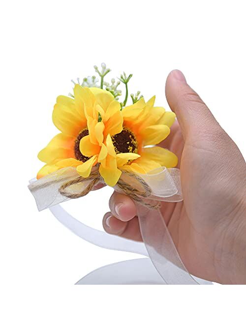 Artflws 2PCS Artificial Sunflower Wrist Corsage and Boutonniere Set Groom and Men Boutonniere for Wedding Flowers Accessories Party Prom Suit Decorations (1 Boutonniere &