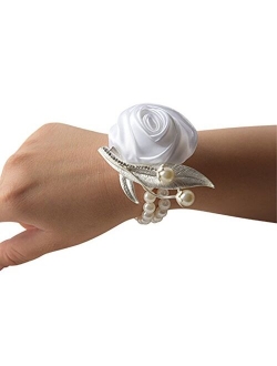 Jackcsale Fashion Wedding Bridesmaid Wrist Flower Corsage Party Hand Flower Decor with Faux Pearl Bead Wristband Blue Pack of 2