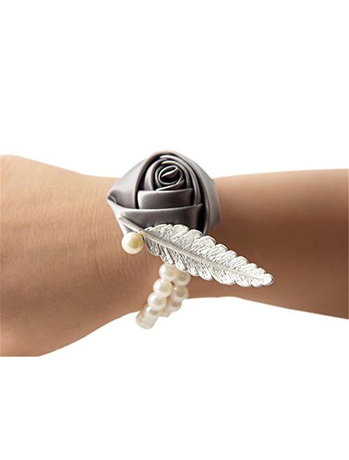 Jackcsale Fashion Wedding Bridesmaid Wrist Flower Corsage Party Hand Flower Decor with Faux Pearl Bead Wristband Blue Pack of 2