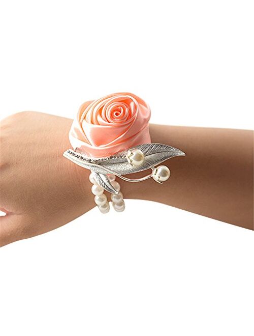 Jackcsale Fashion Wedding Bridesmaid Wrist Flower Corsage Party Hand Flower Decor with Faux Pearl Bead Wristband Blue Pack of 2