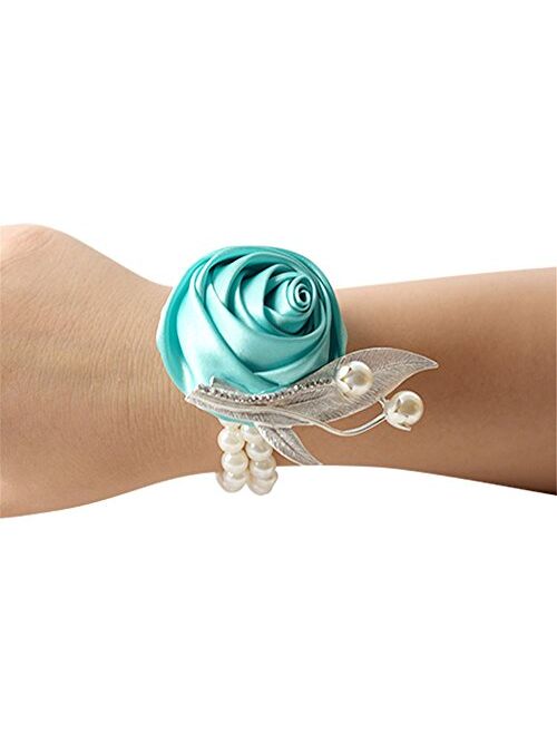 Jackcsale Fashion Wedding Bridesmaid Wrist Flower Corsage Party Hand Flower Decor with Faux Pearl Bead Wristband Blue Pack of 2