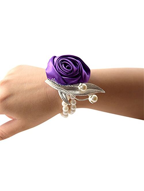 Jackcsale Fashion Wedding Bridesmaid Wrist Flower Corsage Party Hand Flower Decor with Faux Pearl Bead Wristband Blue Pack of 2